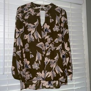 Olive green top with cream and black flowers